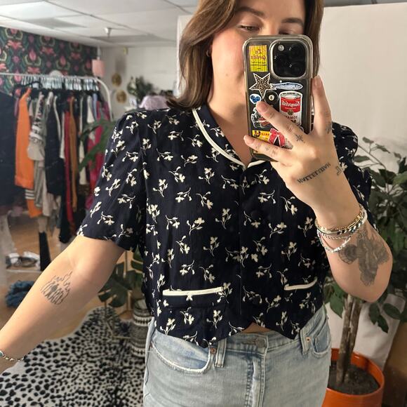 Vintage Navy Floral Cropped Short Sleeve Top Size 12 - Picture 6 of 6